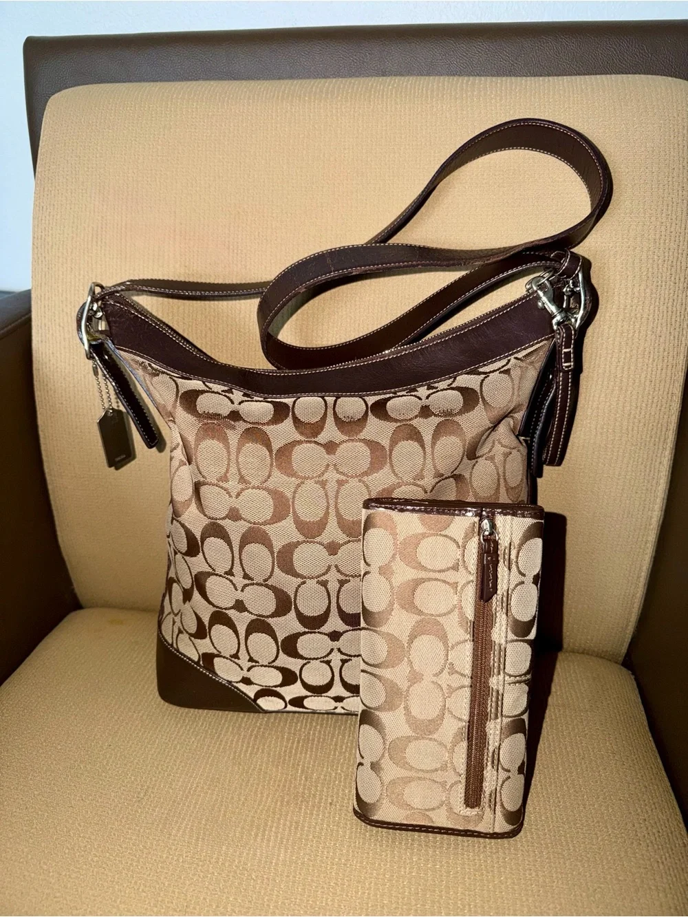 Coach Signature Canvas Crossbody Bag and Wallet in Tan and Brown